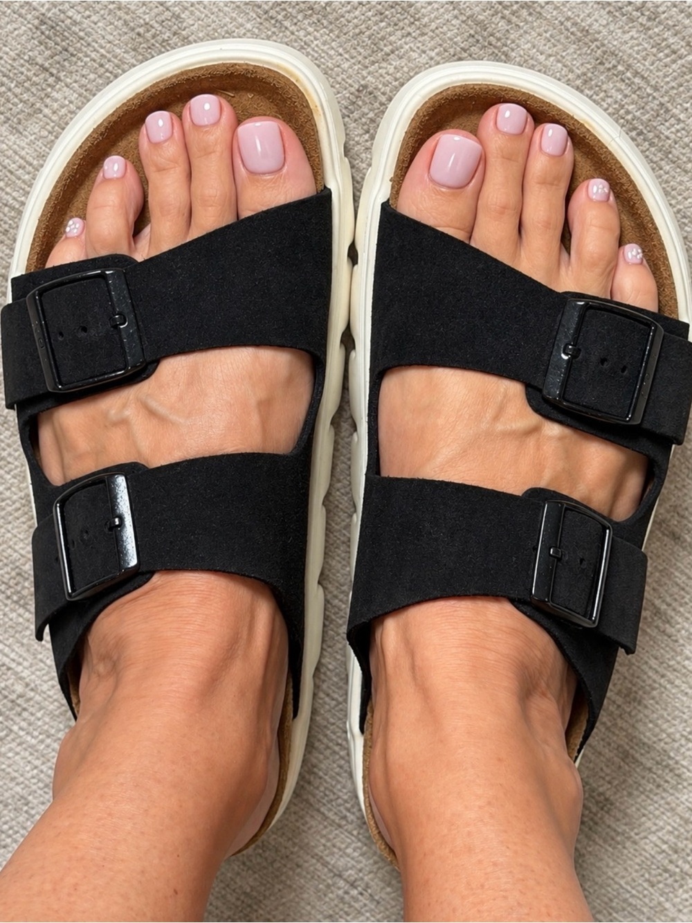 Papillio by Birkenstock/Black Double-Buckle Suede Slide Sandals with White Sole